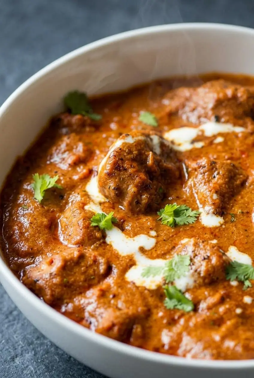 Close-up texture of chicken tikka masala showing dark charred chicken pieces, cream swirl, and fenugreek flecks.