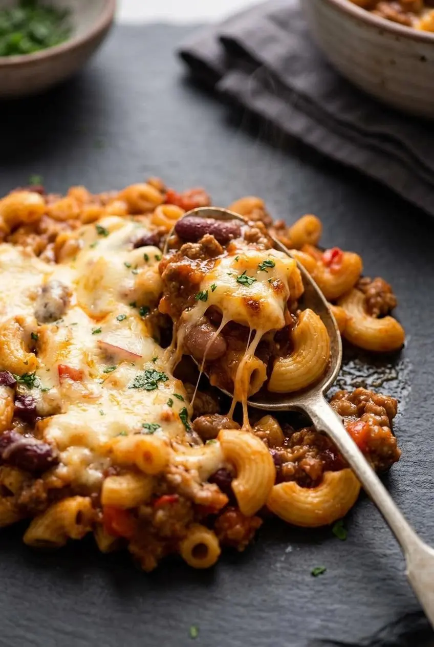 Close up of saucy chili mac showing tender elbow macaroni coated in thick tomato beef sauce and melted cheese.
