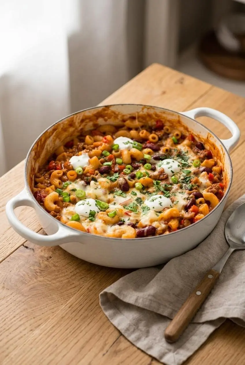 Bowl of warm chili mac garnished with sour cream, sliced green onions, and fresh cilantro on a dining table.