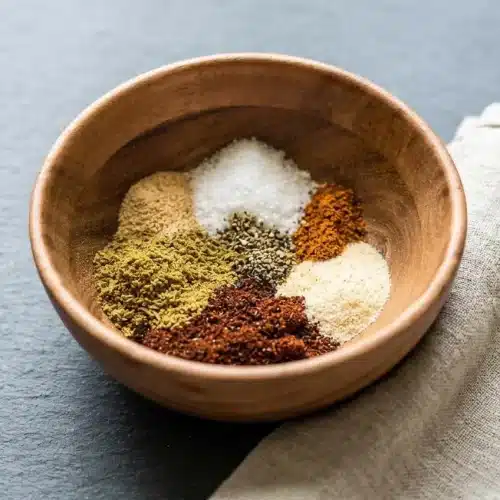 Rich reddish-brown chili seasoning recipe blend mixed in a small bowl with visible ground spices.