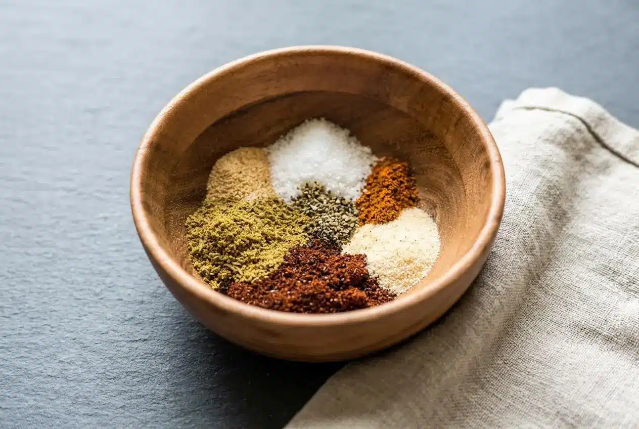 Rich reddish-brown chili seasoning recipe blend mixed in a small bowl with visible ground spices.