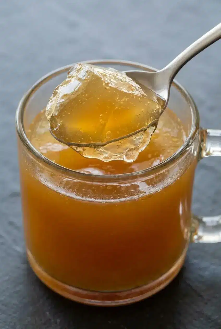 Thick jiggly gelatinous chilled bone broth being scooped from a glass container with a silver spoon.