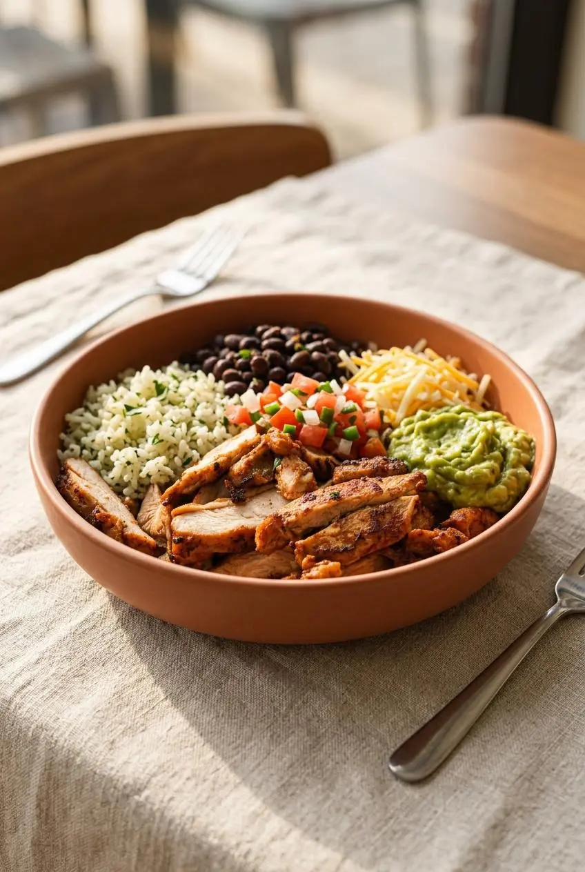 Diced chipotle chicken served in a burrito bowl with cilantro lime rice, black beans, pico de gallo, and guacamole.