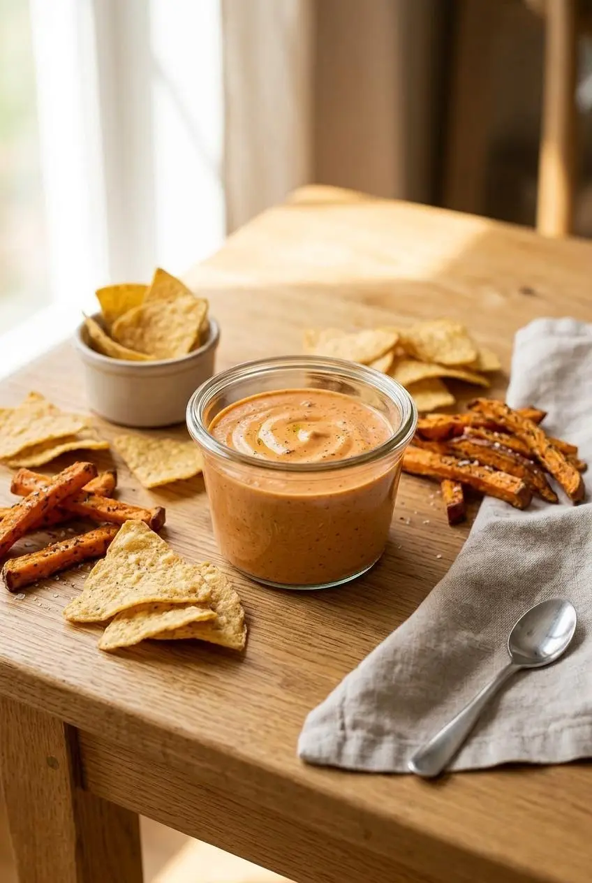 Creamy chipotle sauce served as a dipping sauce with sweet potato fries and crunchy tortilla chips.