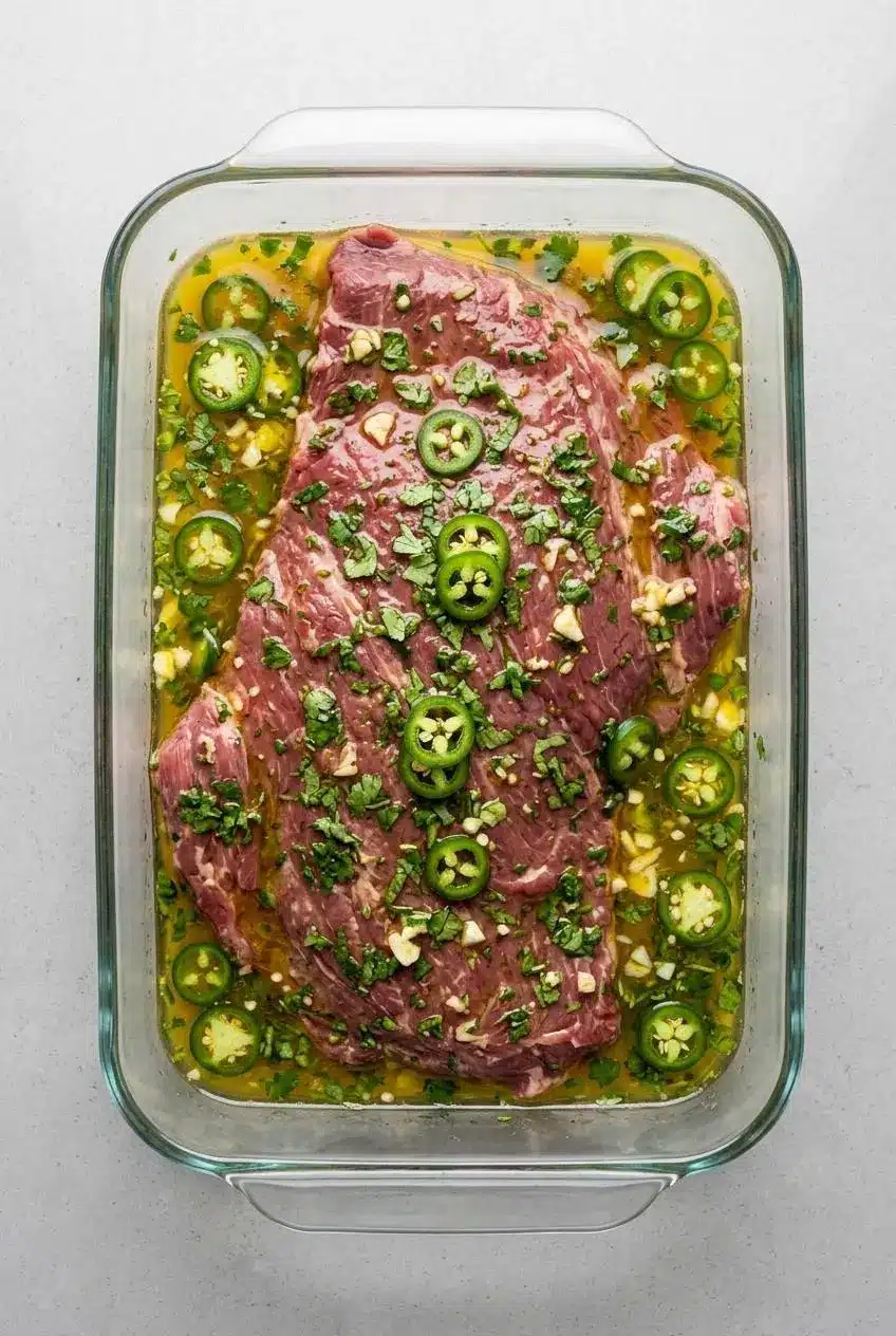 Raw flank steak marinating in a glass dish with orange juice, lime, cilantro, garlic, and sliced jalapeños.