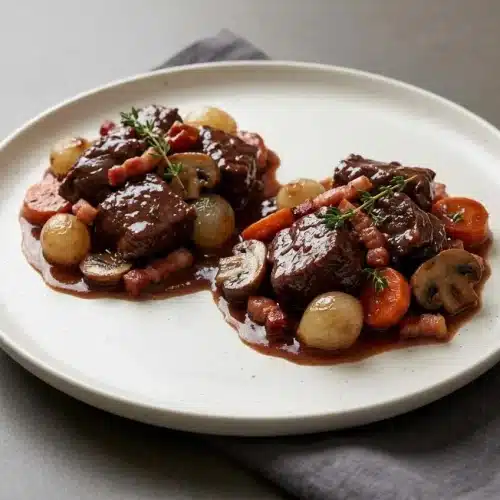 Classic beef bourguignon recipe with tender beef chuck, pearl onions, and mushrooms in a rich red wine sauce.