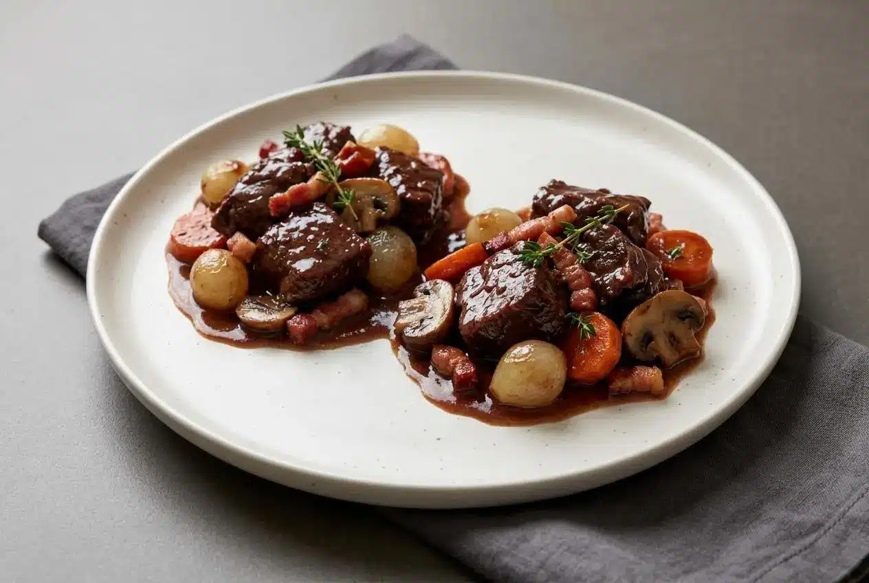 Classic beef bourguignon recipe with tender beef chuck, pearl onions, and mushrooms in a rich red wine sauce.