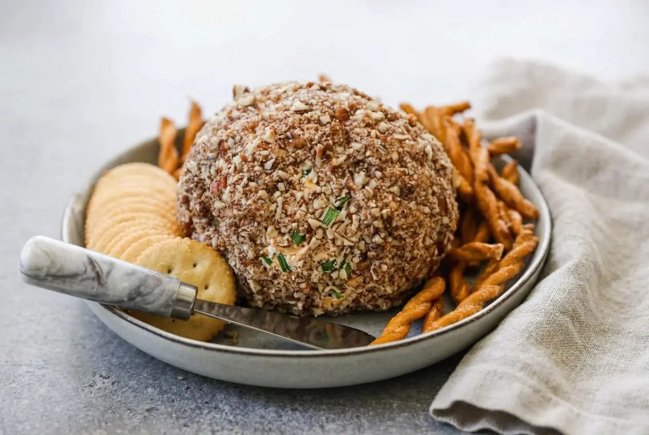 Classic cheese ball recipe featuring a creamy cheddar cheese center coated in crunchy chopped pecans.