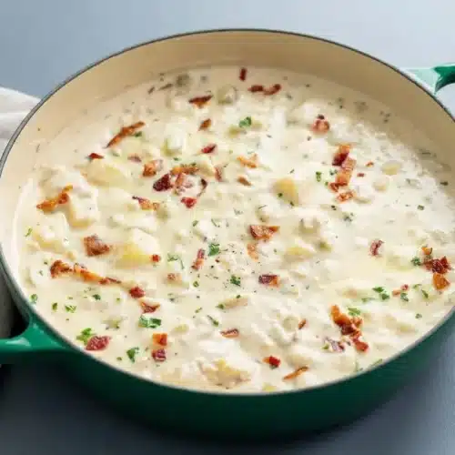 Creamy New England clam chowder in a bowl topped with crispy bacon pieces and fresh parsley.