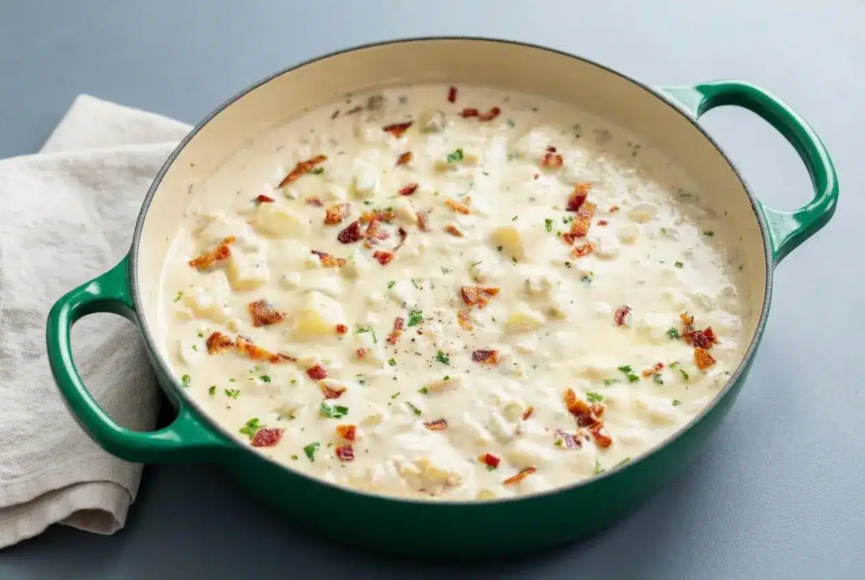 Creamy New England clam chowder in a bowl topped with crispy bacon pieces and fresh parsley.
