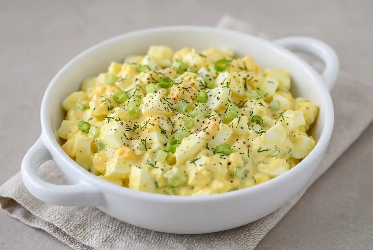 Creamy egg salad recipe featuring tender chopped hard-boiled eggs, fresh dill, and crisp celery in a bowl.