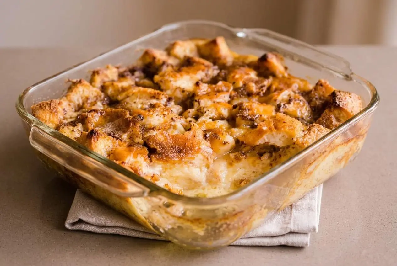 Freshly baked bread pudding recipe with golden toasted edges and a fragrant cinnamon custard center.