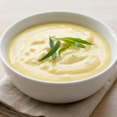 Rich and creamy bearnaise sauce with fresh green herbs in a small ceramic serving bowl.