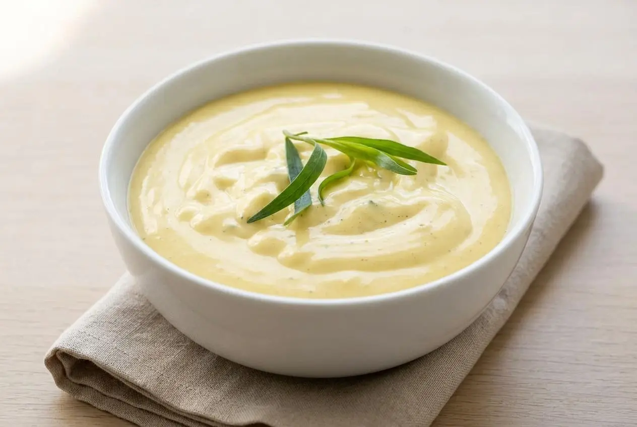 Rich and creamy bearnaise sauce with fresh green herbs in a small ceramic serving bowl.