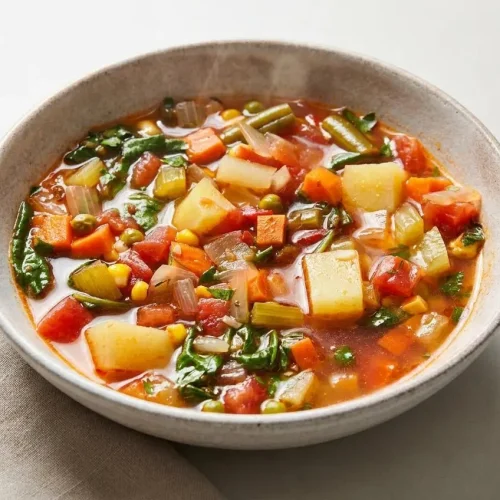 Tender carrots, potatoes, green beans, and spinach in a rich broth for this comforting vegetable soup recipe.