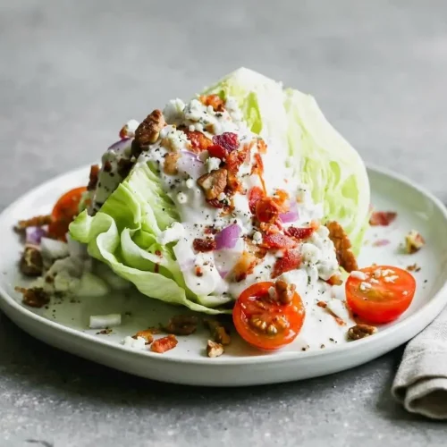 Crisp wedge salad topped with thick blue cheese dressing, crumbled bacon, cherry tomatoes, and red onion.