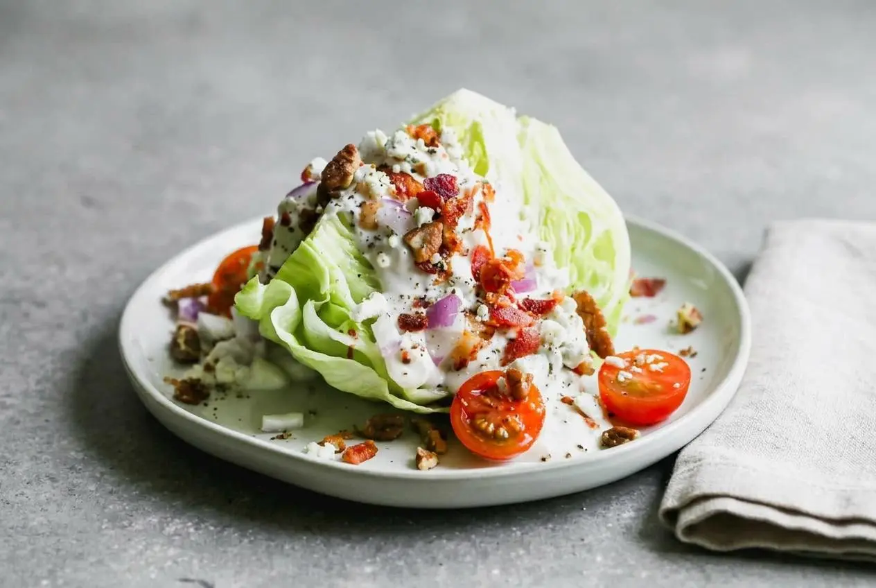 Crisp wedge salad topped with thick blue cheese dressing, crumbled bacon, cherry tomatoes, and red onion.