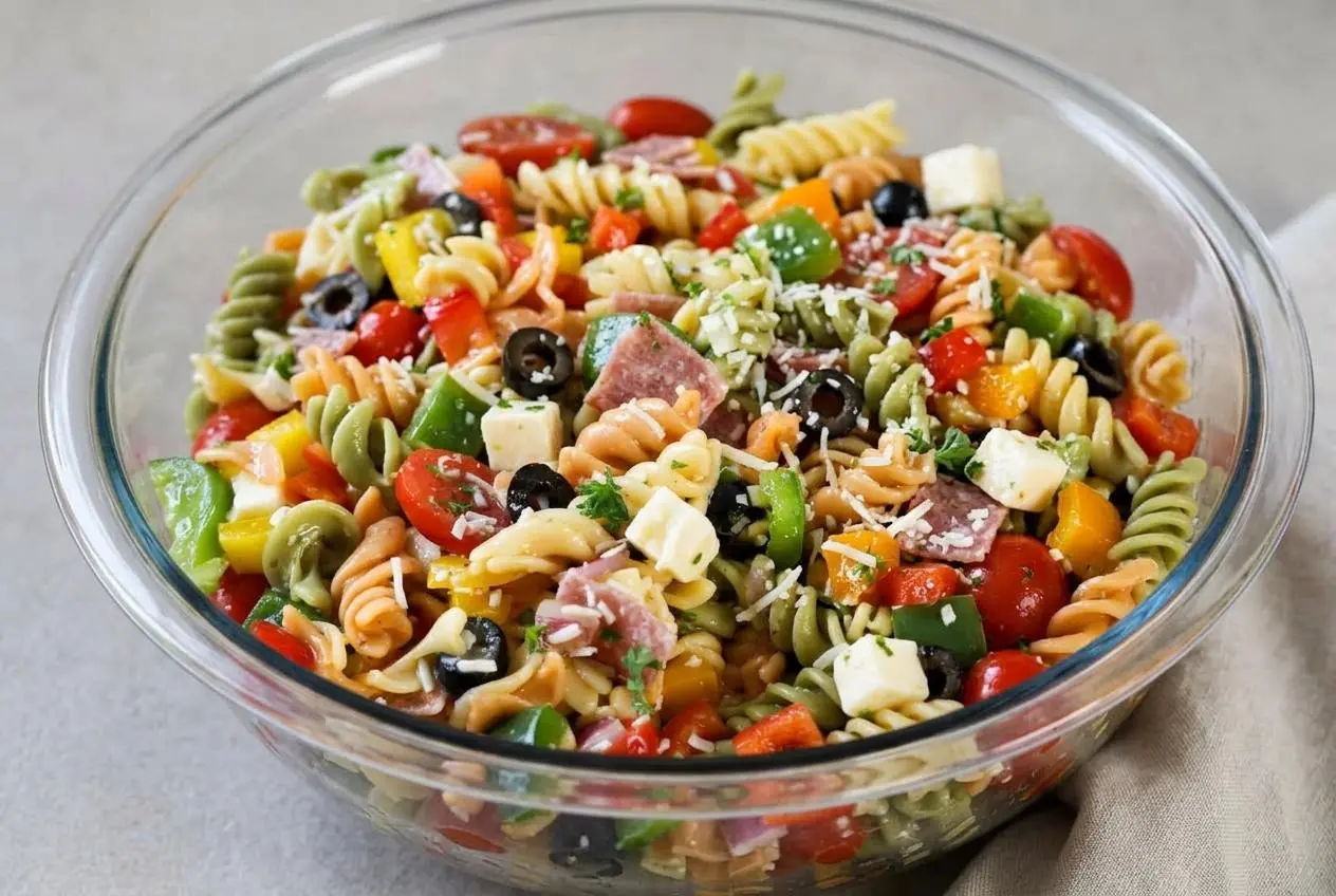 A colorful pasta salad recipe with glossy tricolor rotini, salami, mozzarella, and crisp diced bell peppers.