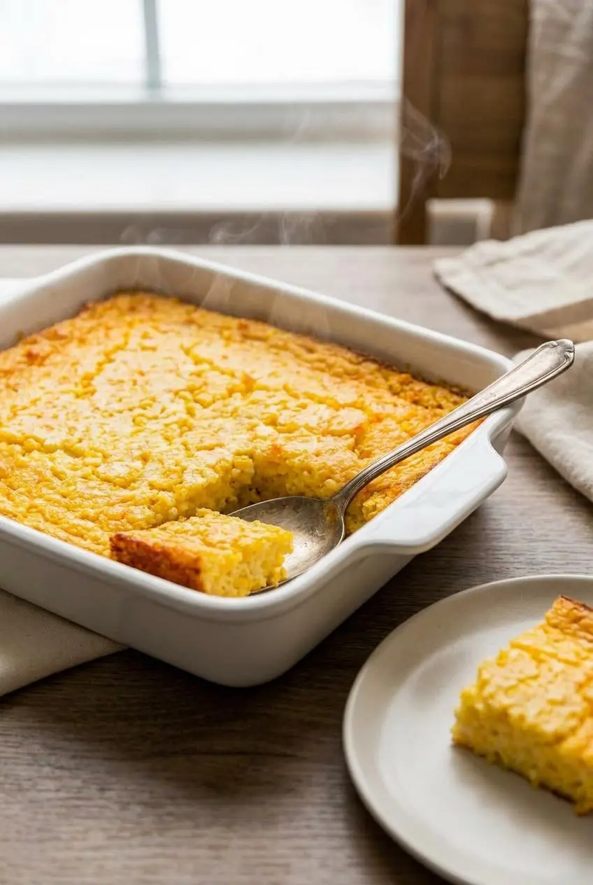 Baked Jiffy corn casserole in a square baking dish on a neutral table, with a vintage spoon resting inside.