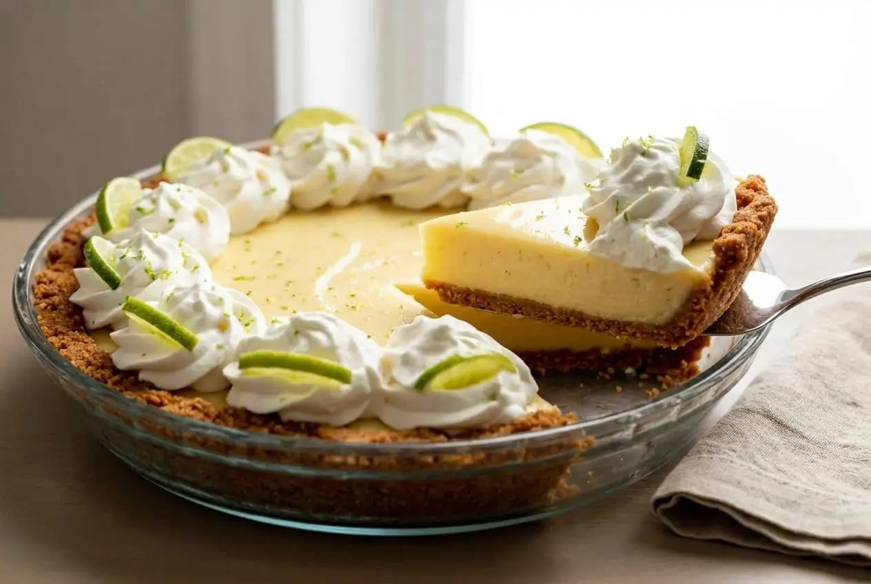 Freshly baked key lime pie recipe with a creamy pale yellow custard filling and crisp macadamia graham crust.