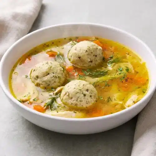 Steaming bowl of classic matzo ball soup with tender dumplings, sliced carrots, and fresh dill sprigs.