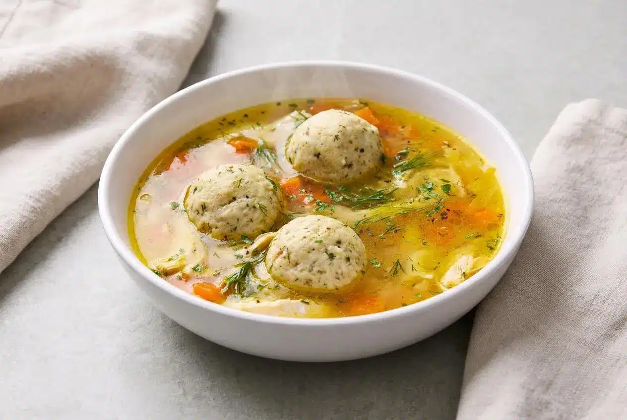 Steaming bowl of classic matzo ball soup with tender dumplings, sliced carrots, and fresh dill sprigs.