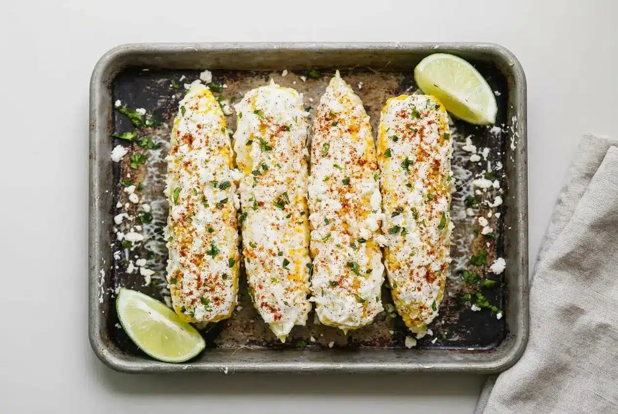 Perfectly charred ears of Mexican street corn prepared using this easy elote recipe, topped with creamy glaze and cotija.
