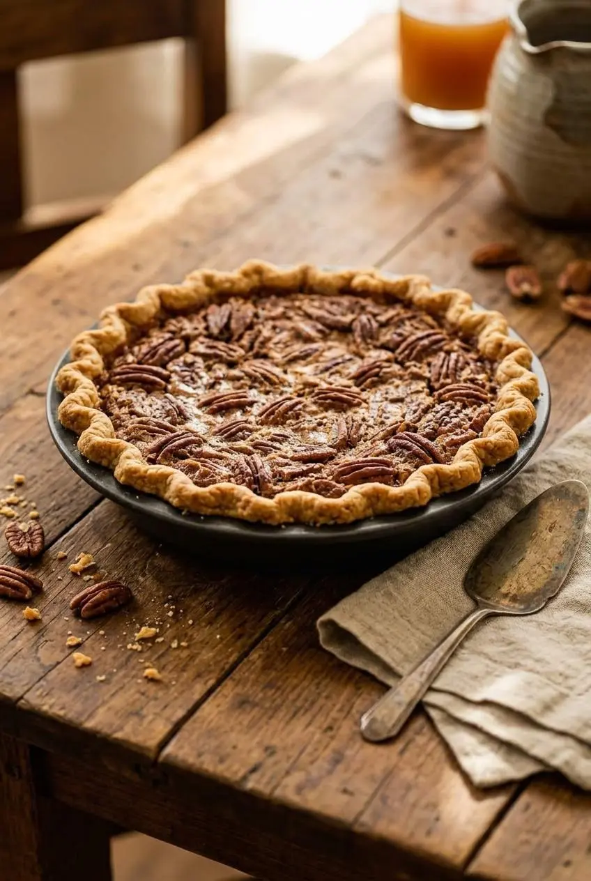 Whole freshly baked pecan pie in a ceramic pie plate set on a wooden table with a vintage server.