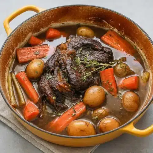 Tender pot roast recipe served in a Dutch oven with potatoes, carrots, and glossy herb gravy.