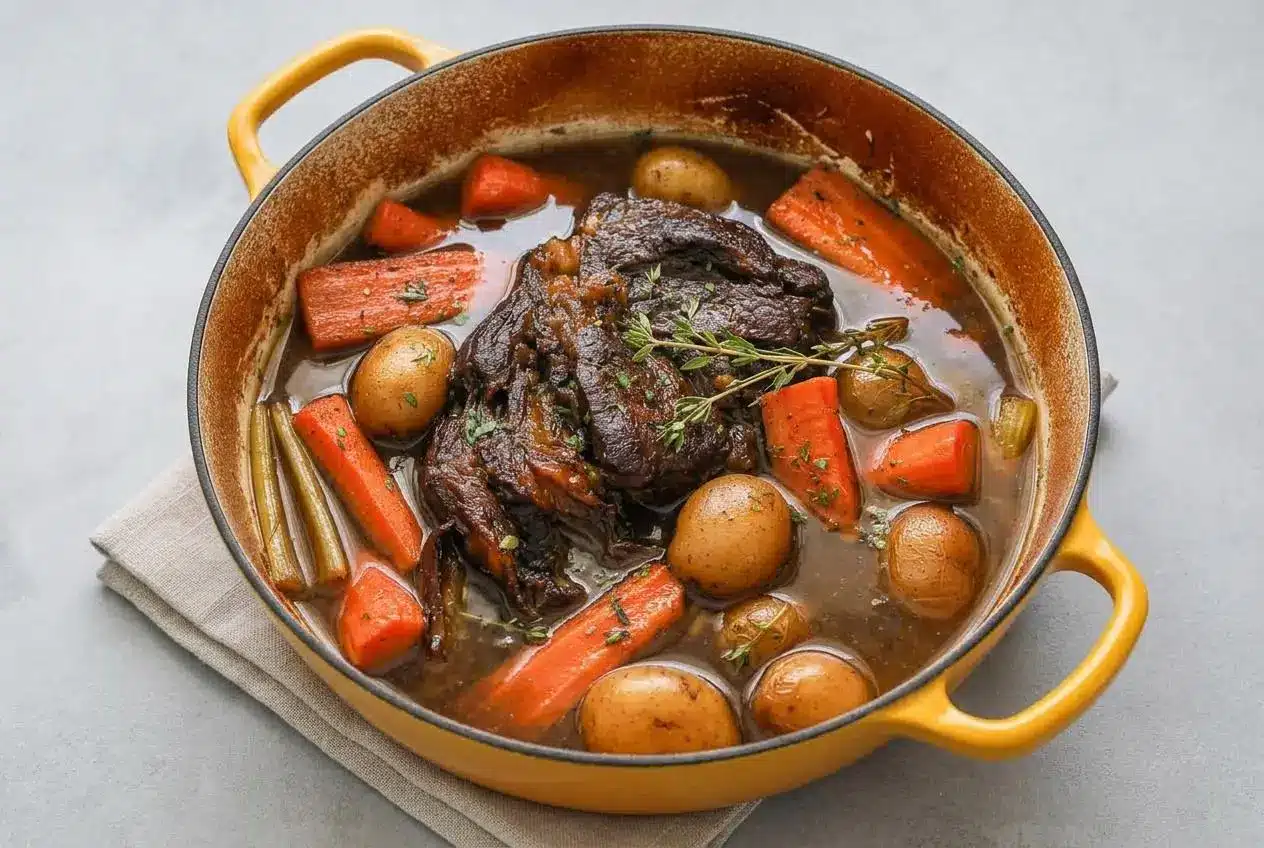 Tender pot roast recipe served in a Dutch oven with potatoes, carrots, and glossy herb gravy.