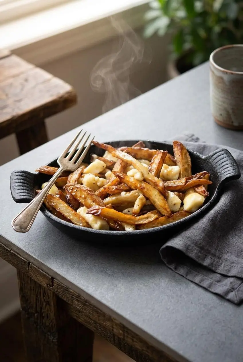 Steaming bowl of authentic poutine served with a fork on a cozy wooden dining table with a linen napkin.