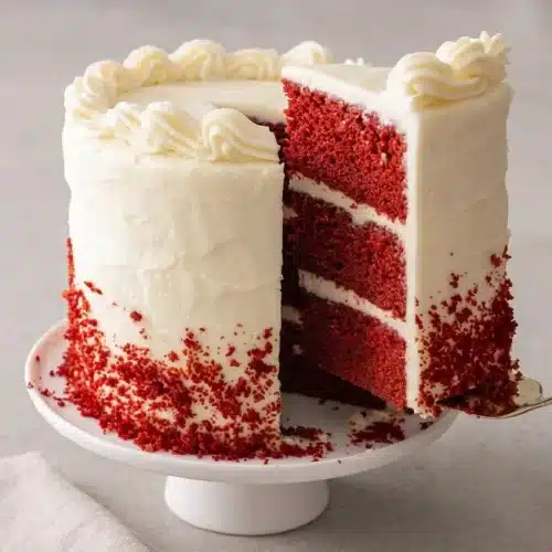 Three-layer red velvet cake recipe with smooth cream cheese frosting and rich cocoa crumb.
