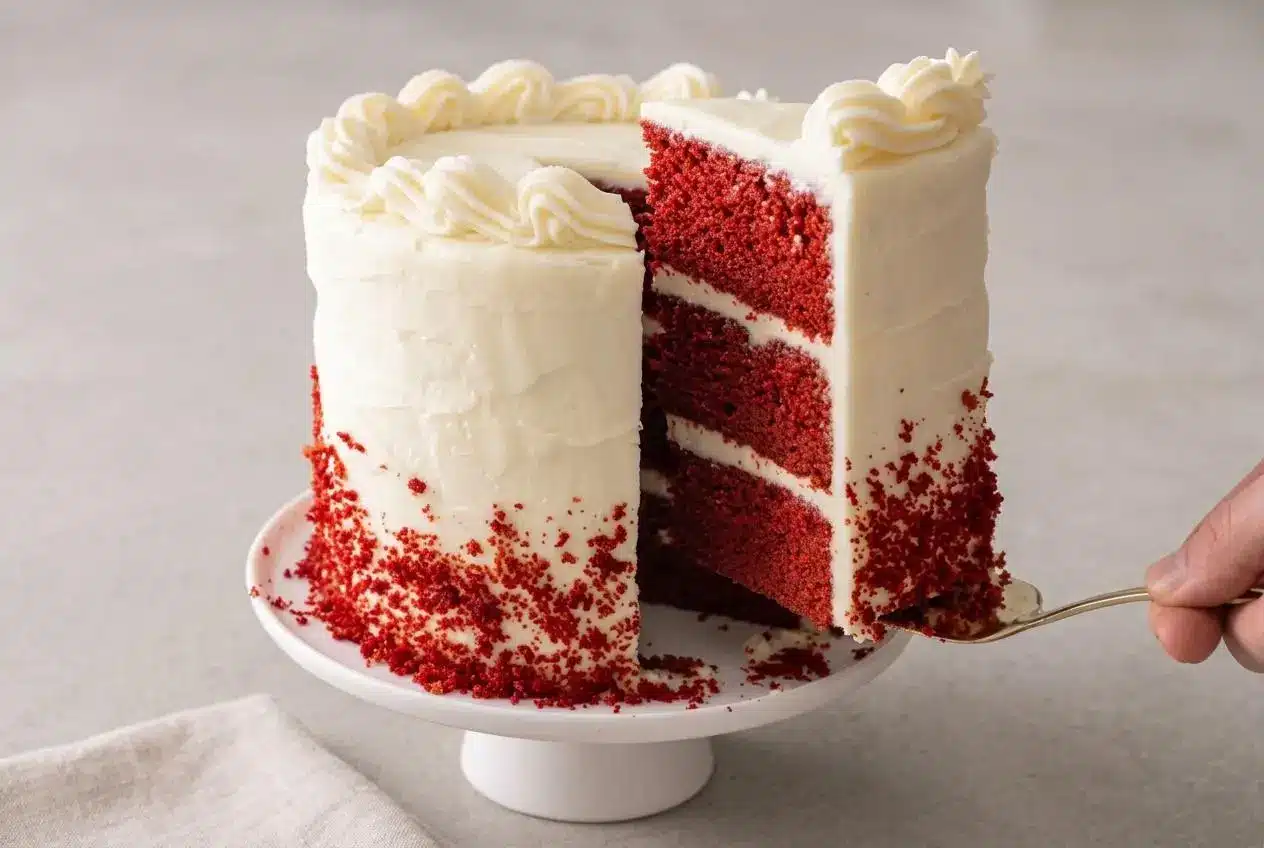 Three-layer red velvet cake recipe with smooth cream cheese frosting and rich cocoa crumb.