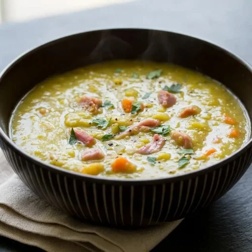 Thick and smoky split pea soup with tender carrots and pieces of savory ham in a ceramic bowl.
