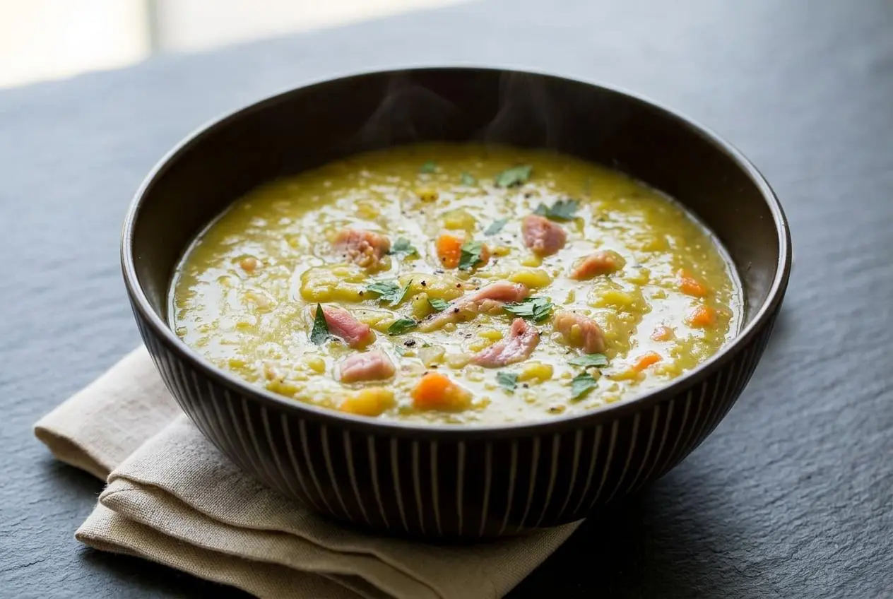Thick and smoky split pea soup with tender carrots and pieces of savory ham in a ceramic bowl.