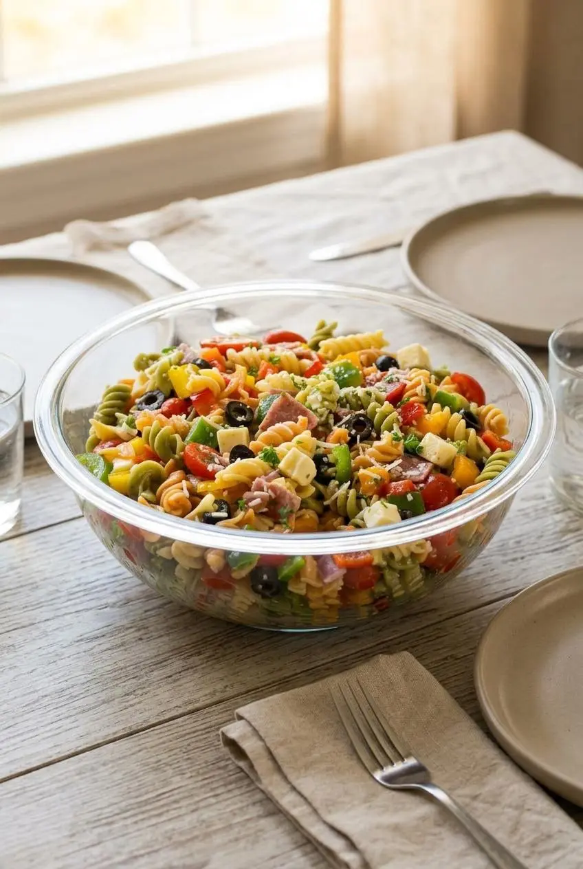 Cold pasta salad served in a large bowl on a rustic wooden table set for an outdoor meal.