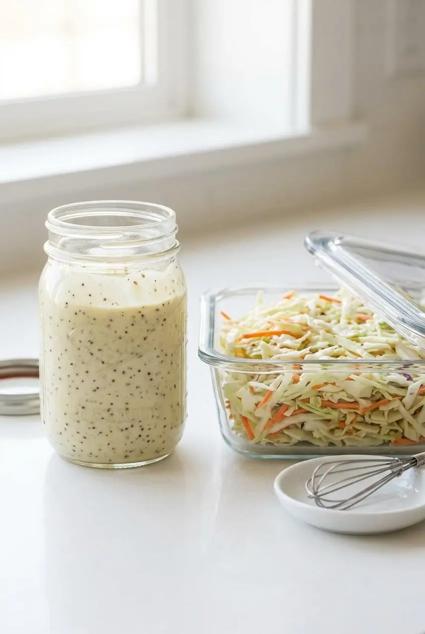 Coleslaw dressing in a glass mason jar next to dry prepped cabbage in a glass meal-prep storage container.