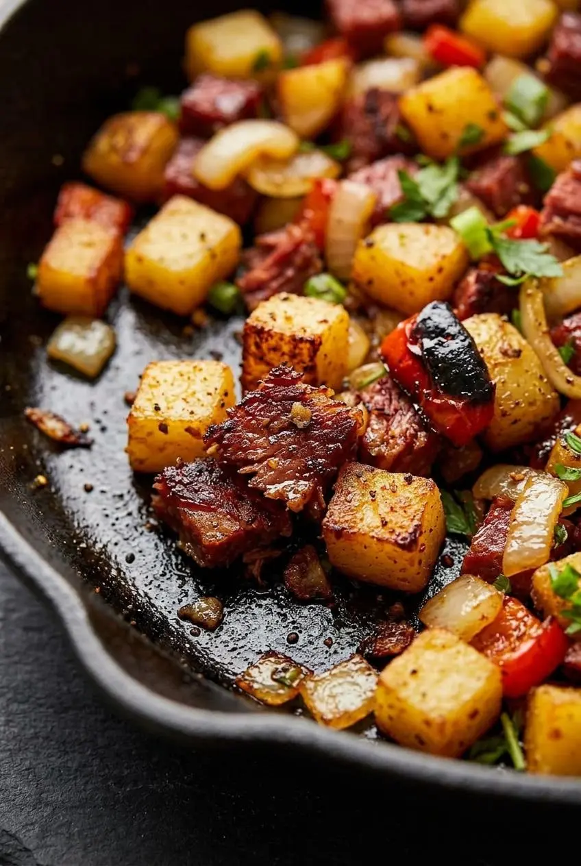 Close-up of crispy browned corned beef hash sizzling in a seasoned cast iron skillet.