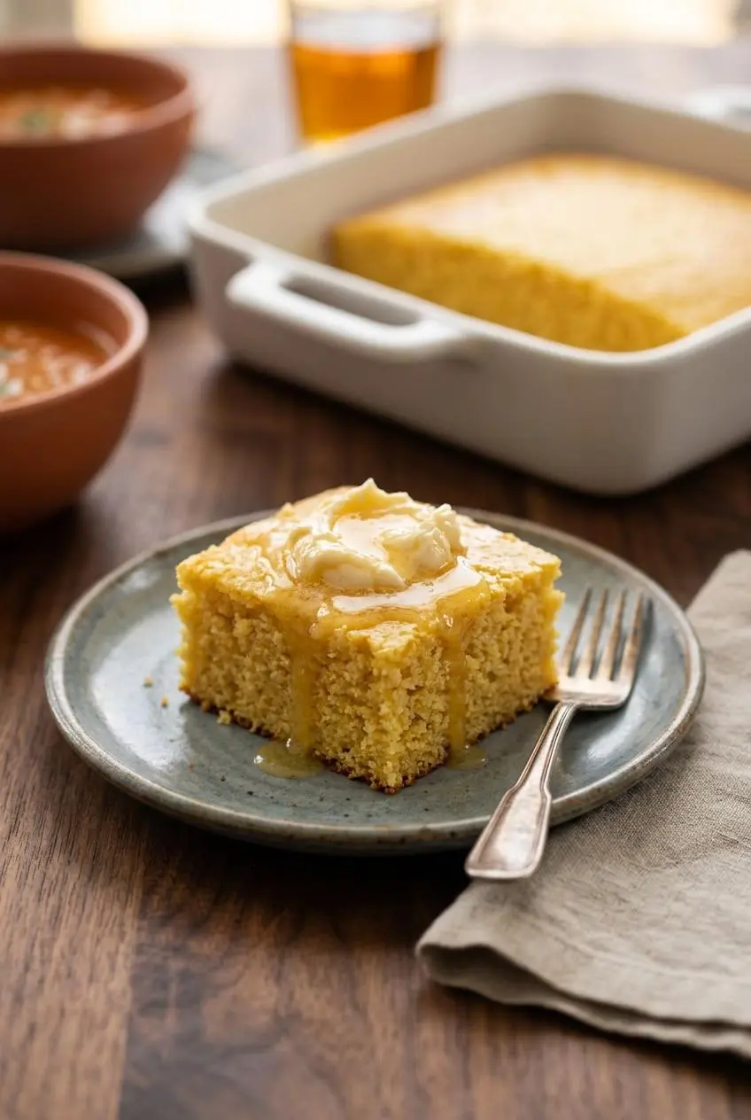Warm cornbread square topped with melting honey butter served next to a bowl of hearty beef chili.