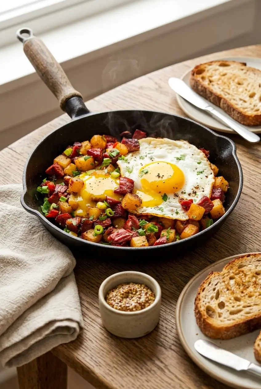 Skillet corned beef hash topped with sunny-side-up fried eggs, served with sourdough toast.