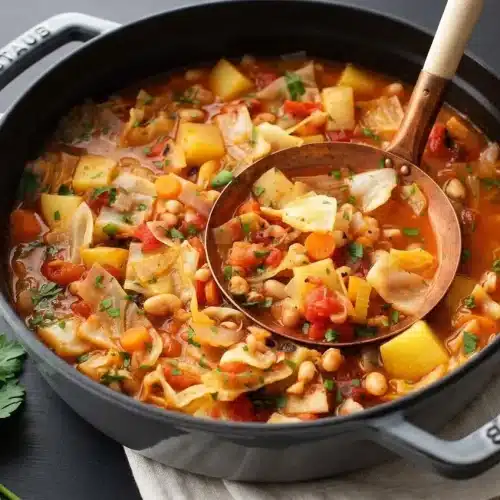 Cozy bowl of cabbage soup with tender green cabbage, white beans, and diced potatoes in a rich tomato broth.
