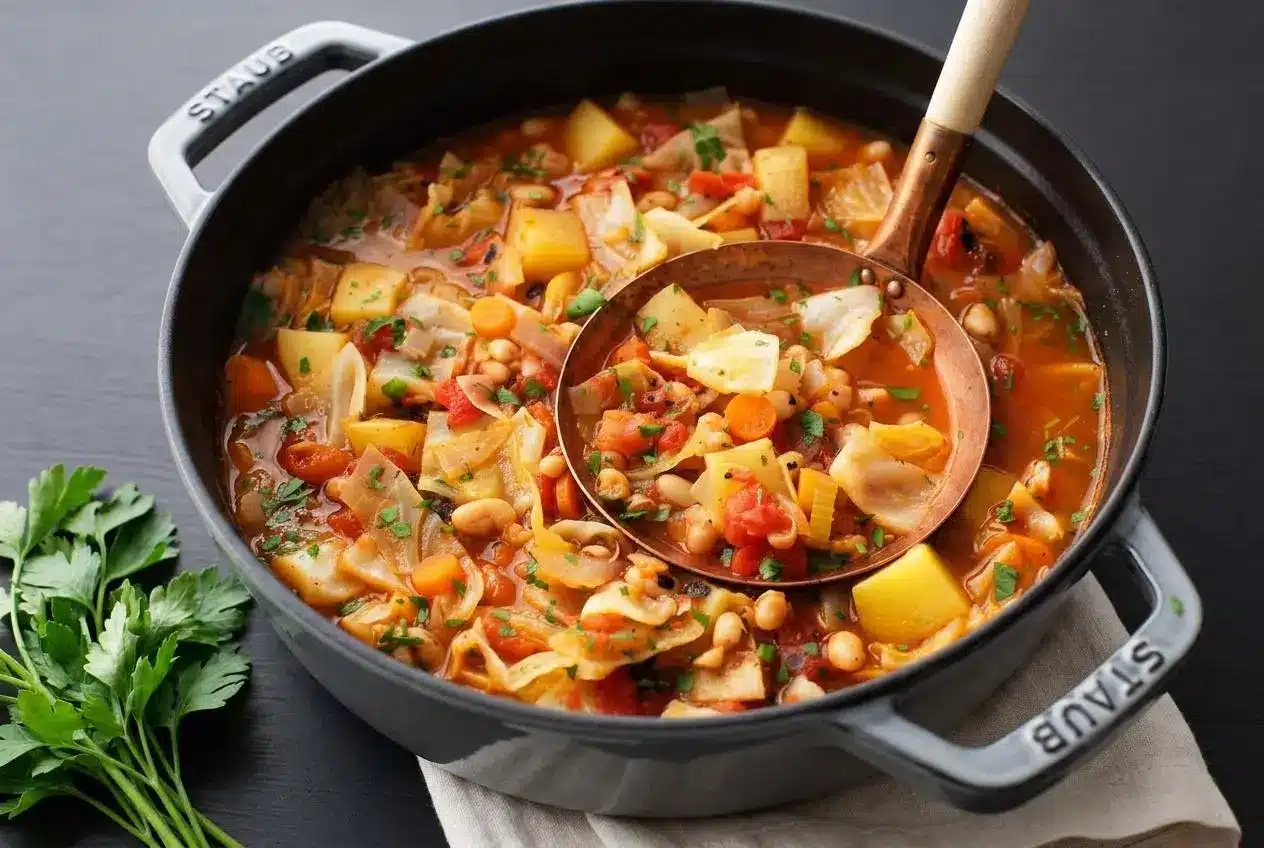 Cozy bowl of cabbage soup with tender green cabbage, white beans, and diced potatoes in a rich tomato broth.