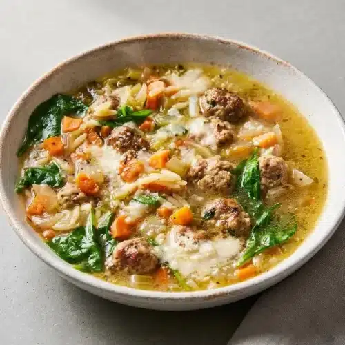 A warm bowl of Italian wedding soup featuring tender mini meatballs, acini di pepe, and wilted spinach in savory broth.