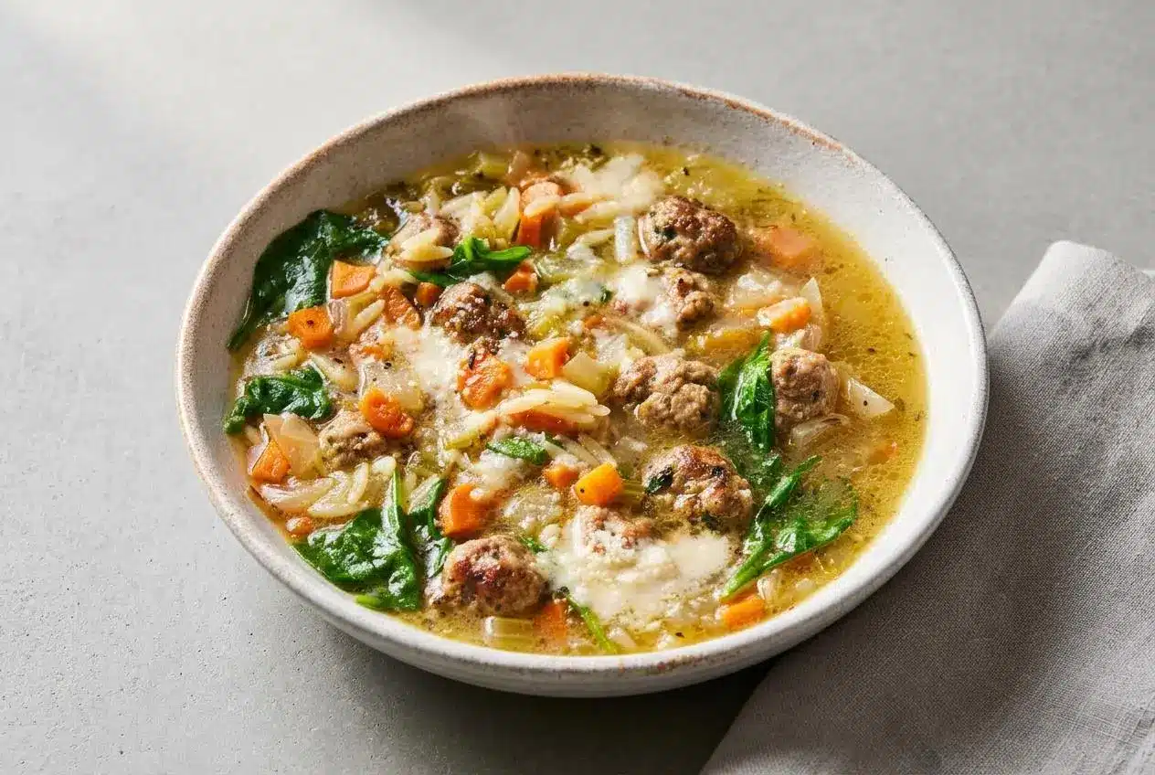 A warm bowl of Italian wedding soup featuring tender mini meatballs, acini di pepe, and wilted spinach in savory broth.