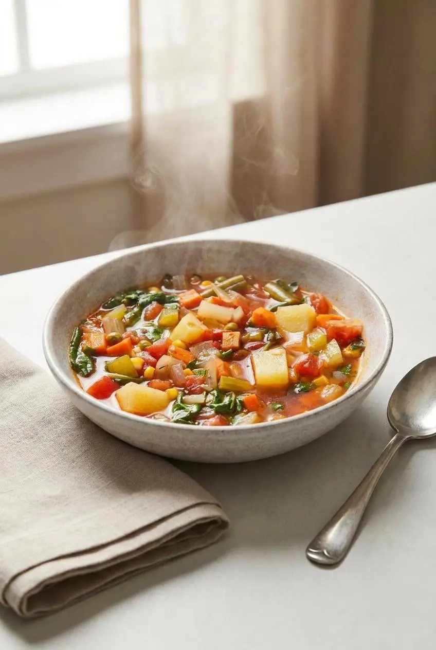 Steaming bowl of vegetable soup on a light ceramic tabletop with a vintage spoon and folded linen napkin.