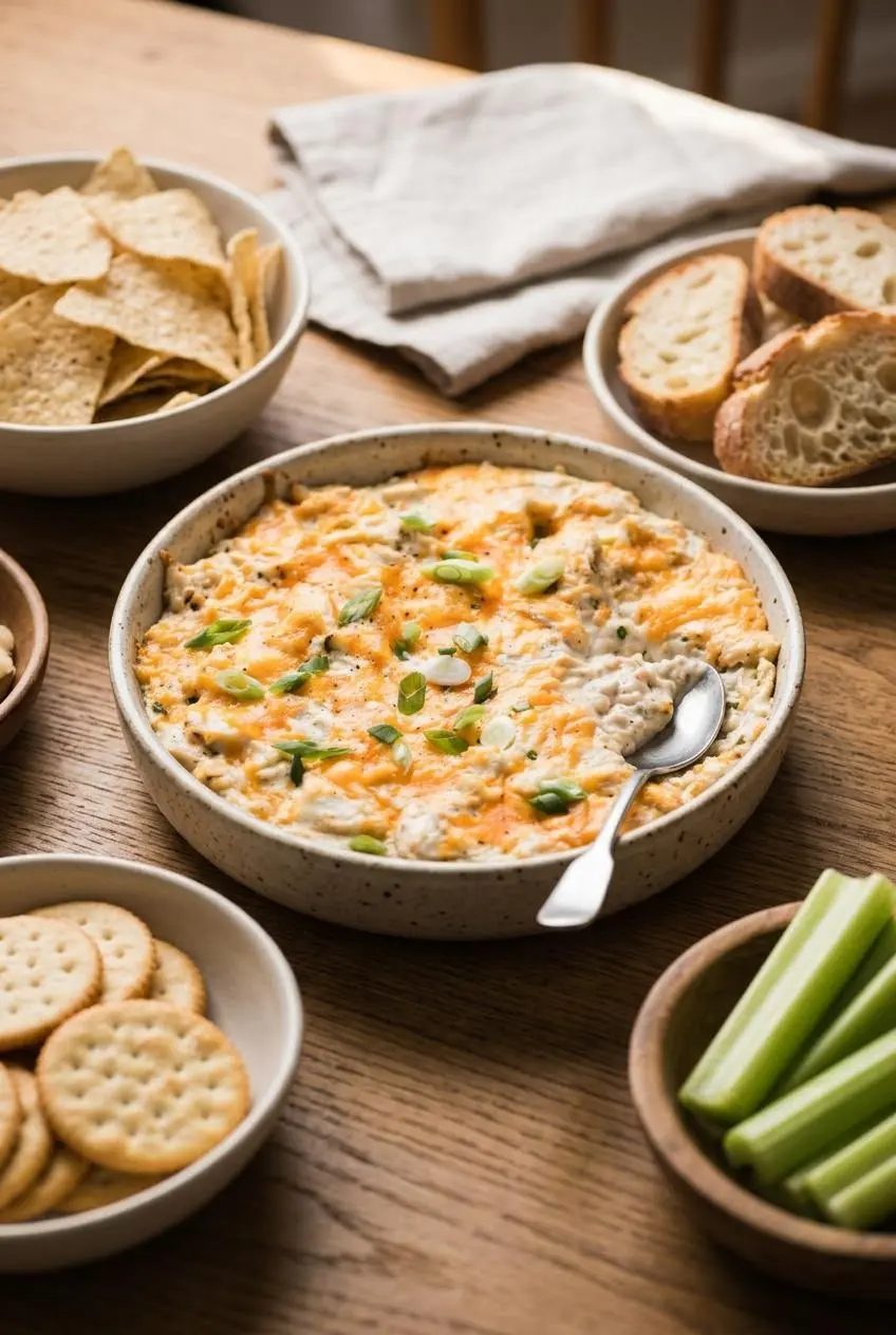 Hot crab dip served with sliced sourdough baguette, buttery crackers, tortilla chips, and celery.