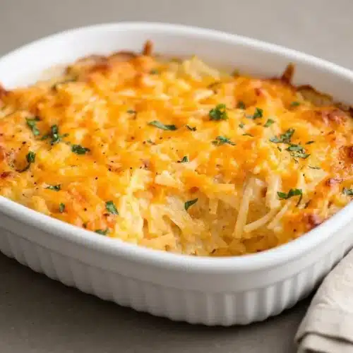 Baked cracker barrel hashbrown casserole with a bubbly golden Colby cheese crust and creamy potato filling.