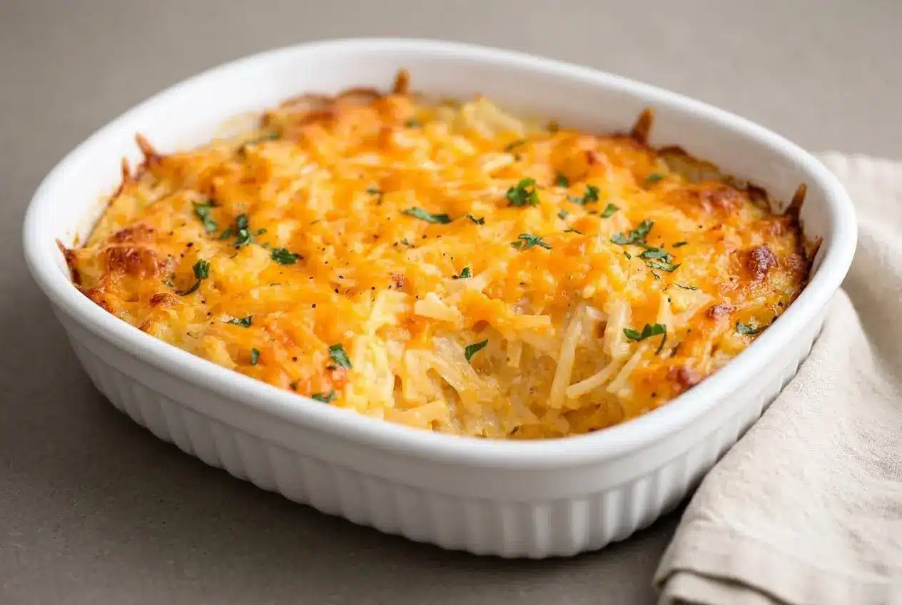 Baked cracker barrel hashbrown casserole with a bubbly golden Colby cheese crust and creamy potato filling.
