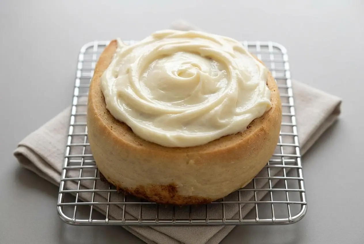 Cream cheese frosting for cinnamon rolls spread over freshly baked rolls with a glossy, satiny finish.