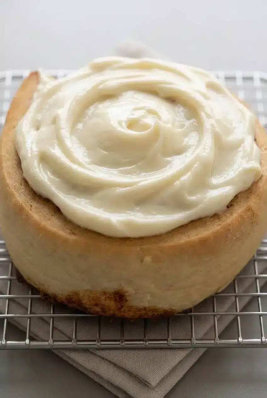 Close up of thick, velvety cream cheese frosting holding soft peaks on a warm cinnamon roll crevice.